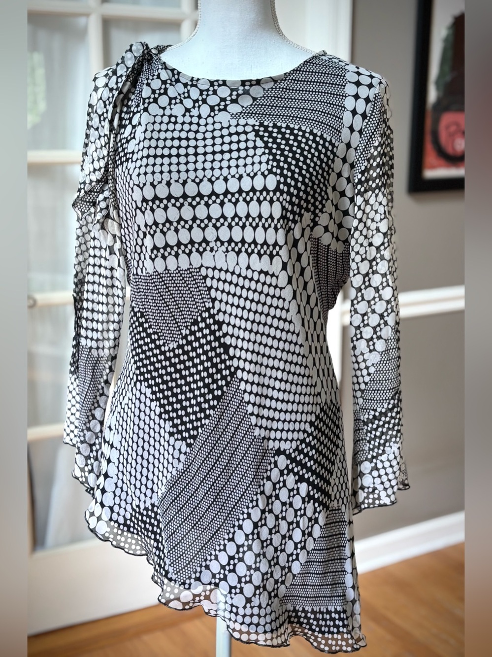 Y2K Silk Abstract Polka Dot Asymmetrical Tunic Top Large